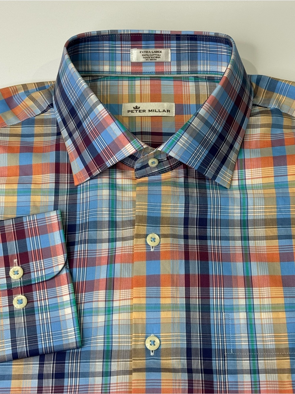 Peter Millar Men's XL Long Sleeve Button Down Multicolor Plaid 100% Cotton